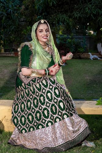 Image of Fancy Heavy Embroidery Work Shimmer Silk Semi-stitched Rajasthani Poshak Rajputi Lehenga Choli For Women