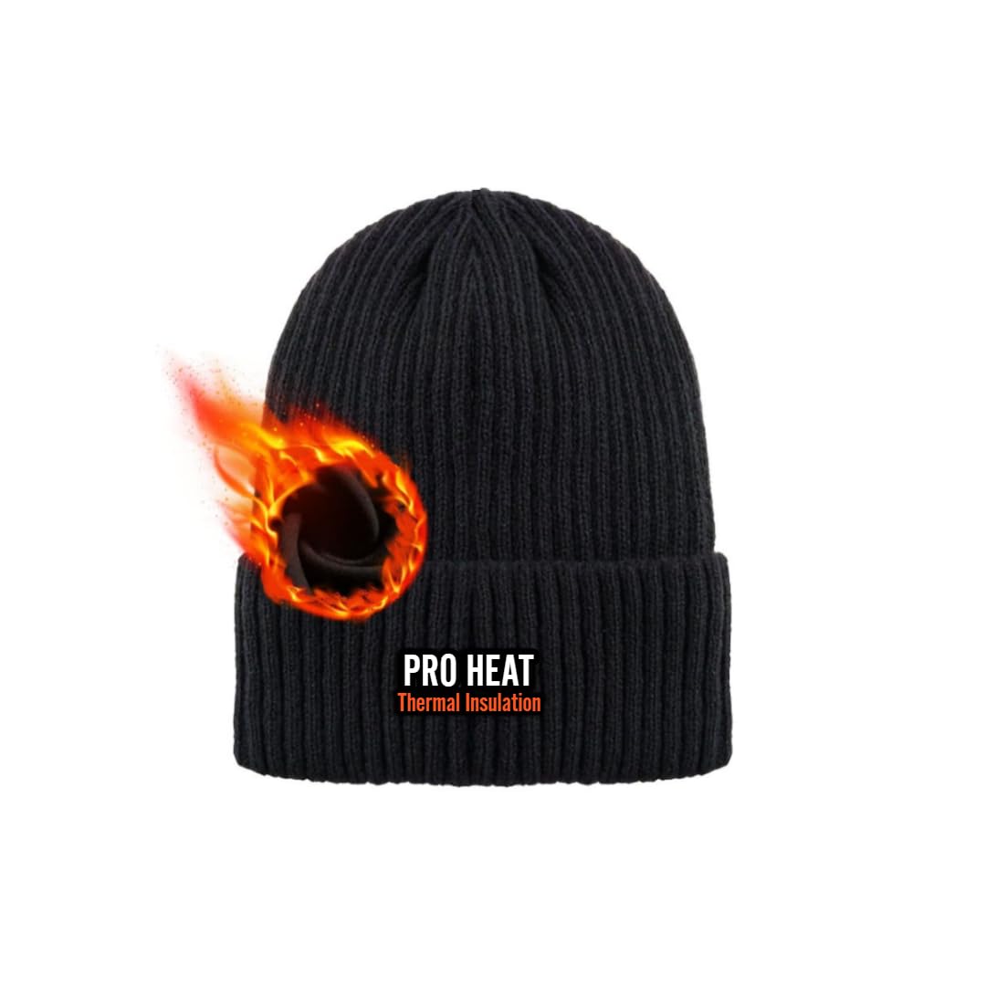 Thermal Insulated Knitted Fleece Lined Black Beanie Hat for Mens Womens Unisex Cap (Black)
