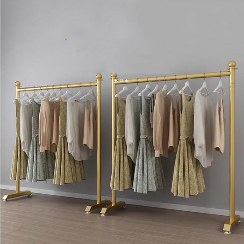 Kleiderständer aus Metall mit Rollen, Industriestil, C-förmig, ideal für Zuhause, Schlafzimmer und Bekleidungsgeschäfte. Goldfarben. Freistehender C-förmiger Ständer.