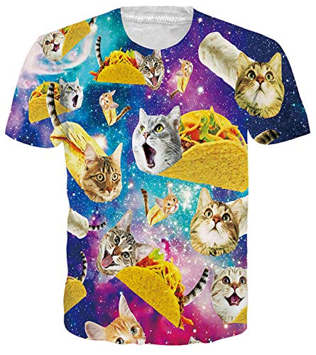 RAISEVERN Unisex Short Sleeve Taco Cat 3D Printed Cool Crew Neck Galaxy T-Shirt Pizza Pie Funny Tees Top for Men Women