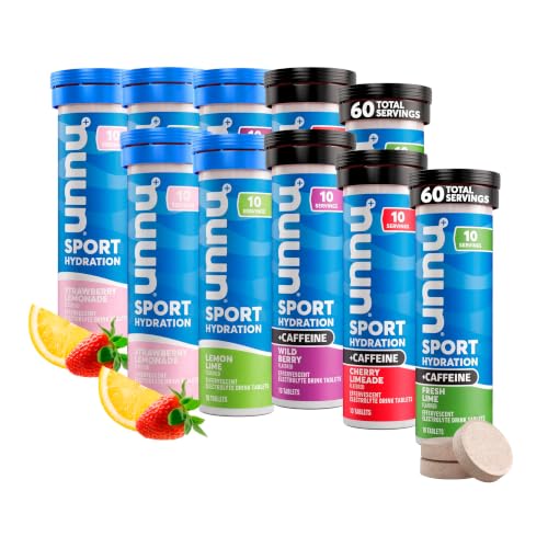 Image of Nuun Sport + Caffeine Electrolyte Tablets - Dissolvable in Water,Variety Pack | 5 Essential Electrolytes for Hydration | 1g Sugar Drink Mix | Vegan,Non-GMO | (60 Servings) (Pack of 2)
