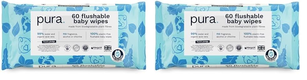 Pura Toallitas Desechables WC Para Bebés, 60 Toallitas (1 Paquete), 100% Toallitas Húmedas Libres de Plástico, 99% Agua, Piel Sensible, Biodegradables, Algodón Orgánico (Paquete de 2)