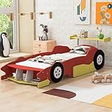 Merax Race Car Bed Frame Twin Size for Boys, Wood Car-Shaped Platform Bed with Wheels, Red