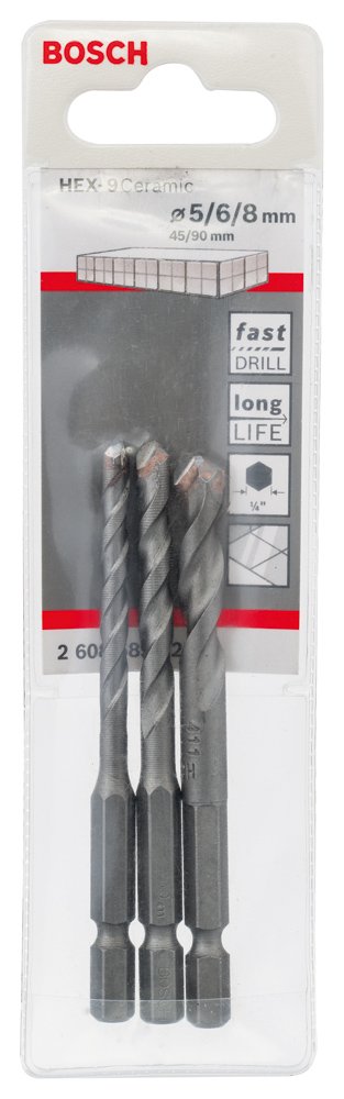 Bosch Profesional 3-częściowy zestaw wierteł do płytek ceramicznych HEX-9 Ceramic 5; 6; 8 mm