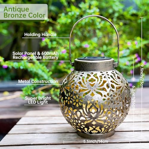 Image of 2 Pack Outdoor Solar Hanging Lantern Lights Metal LED Decorative Lamp for Garden Patio Courtyard Lawn and Table with Hollowed-Out Design (Antique Bronze)