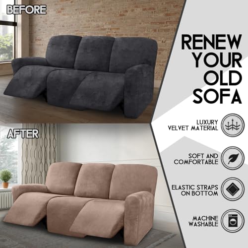 Image of ULTICOR Velvet 8-Pieces Recliner Sofa Covers Stretch Reclining Couch Covers for 3 Cushion Reclining Sofa Slipcovers Furniture Covers Thick Soft Washable (3 Seater Recliner Cover, Sand)