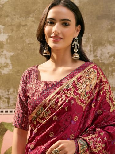 Image of Satrani Women's Crepe Foil Printed Weaving Banarasi Saree with Unstitched Blouse Piece