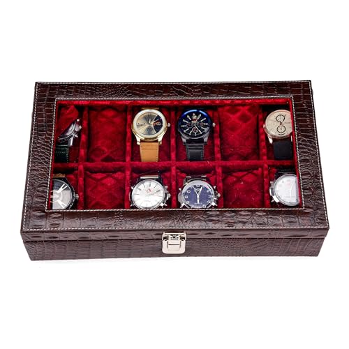 Image of NAAZS Luxury 12 Slot Watch Organizer Box for Men-Leather Storage Case with Transparent Lid & Soft Velvet Lining-Wrist Watch Display Box, Jewelry Holder, Travel Case-Perfect Gift for Collectors