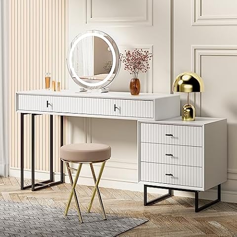 UEV Large Vanity Desk with Drawers,Makeup Vanity Set with Movable 3-Drawer Chest,Modern Makeup Vanity Dressing Table(White) Cover