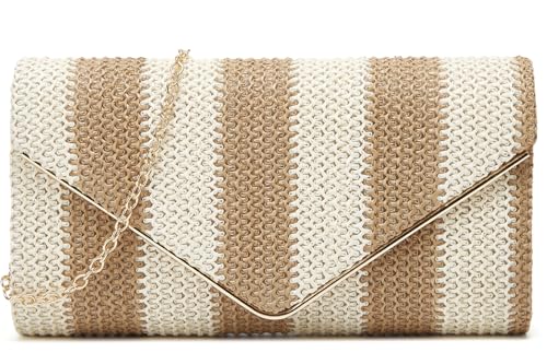 Image of Straw Clutch Bag Women Summer Woven Handbag Striped Chain Crossbody Envelope Shoulder Boho Beach Evening Party Purse