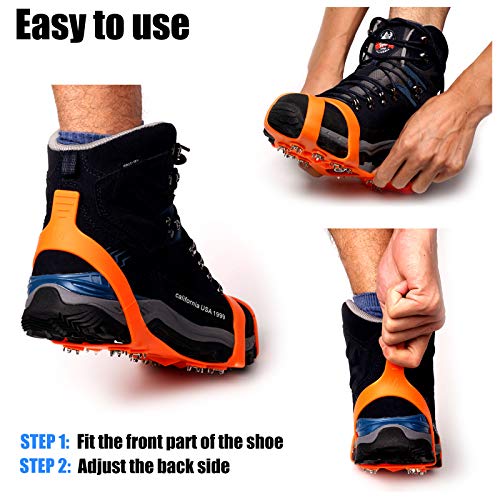 11 Spikes Crampons, Upgraded Version Stainless Steel Anti-Slip Microspikes, Ice Cleats Grips for Hiking Shoes and Boots, Hiking Fishing Walking Mountaineering (Orange, Large:Men(10-13.5)/EU:44-48)