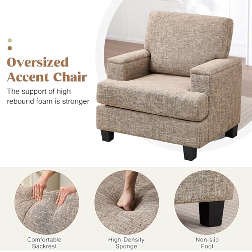 Image of Accent Chairs with Armrest Storage, Modern Reading Chairs, Upholstered Comfy Large Armchair (Yellowish Brown)