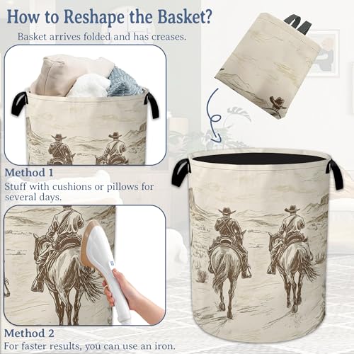 Image of Western Cowboy Laundry Hamper With Handle,Foldable Oxford Cloth Horse Desert Laundry Basket,20.8 inchx16 inch Clothes Storage Basket for Laundry Room /Bedroom /Bathroom