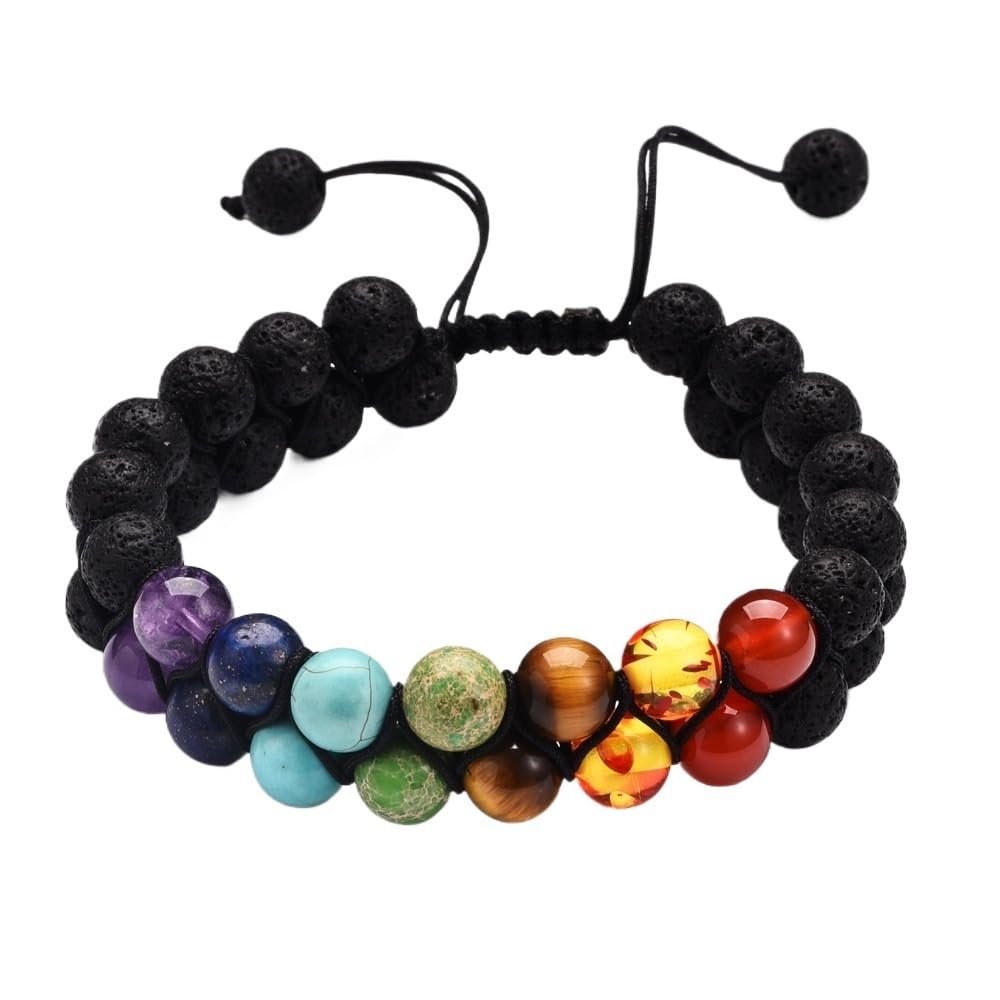 LYGBAOFUL Armband mit 7 Chakra-Perlen, Lavastein-Edelstein, 8 mm, doppellagige Reihe, verstellbare Unisex-Steinarmbänder