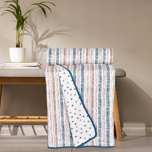 Image of Danip 100% Cotton Reversible AC Dohar Blanket, Throw - Printed Soft, Skin-friendly, Lightweight & Ideal for All-weather - 3 Layered Single Bed Dohar for AC Rooms (56 x 88 Inches) - Stripes & Polka Dot