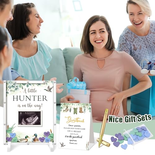 Image of Beeveer 65 Pcs Mallard Duck Baby Shower Guest Book Alternatives He or She Gender Reveal Baby Shower Decorations Animal Sign in Guest Book with Picture Frame and 60 Wooden Chip