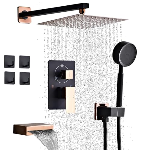 Lista de Juegos de grifería para bañera y ducha los 10 mejores. 41 LRVBKUSAV Sistema de ducha con caño para bañera, juego de grifo de ducha tipo lluvia para baño con 4 ganchos, cabezal de ducha tipo lluvia de alta presión de 10'' y rociador de...