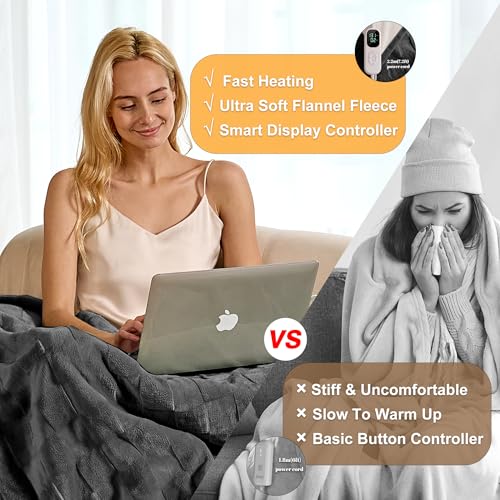 Image of IUUI Heated Blanket Electric King Dual Controller- 90x100 Inches Soft Flannel Heating Blanket,Fast Heating Blanket 6 Heating Levels & 2 Hours Auto Off ETL Certification(Dark Grey, King)
