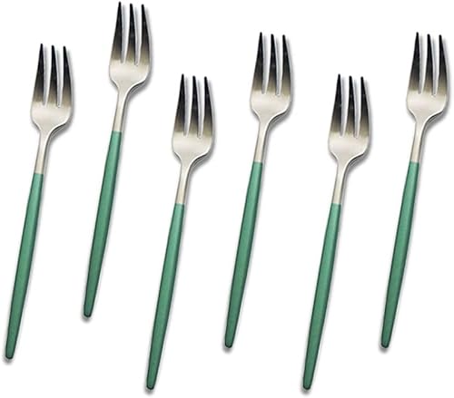 JASHII Juego de 6 tenedores portátiles de 3 dientes verdes y plateados, de acero inoxidable 304 mate, con mango redondo, aptos para lavavajillas,