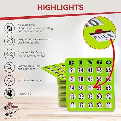 MR CHIPS 50 Jam Proof Bingo Cards with Sliding Windows and Master Board