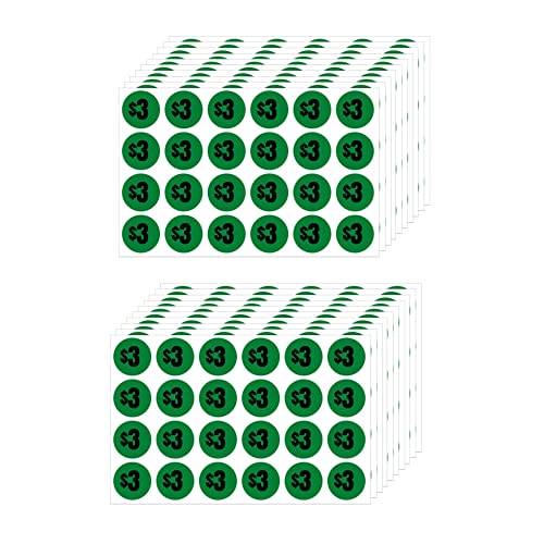 Mobiusea Creation 480pcs Bright Green $3 Price Stickers | 3/4" Diameter Price Tags with Preprinted Black Text | 3 Dollar Garage Sale Stickers for Retail, Yard Sale, and More