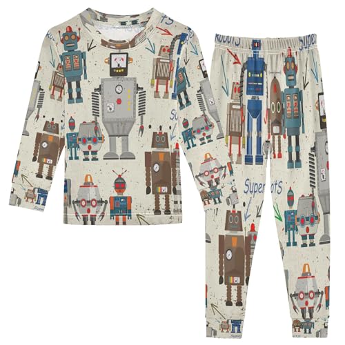 Cartoon Retro Robot Pajama Sets Long Sleeve Top with Pants Cotton Soft Sleepwear 2 Piece Pjs Set, 6 Years 0ld