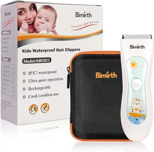 Bimirth Haarschneidemaschine Kinder, Leise Baby Haarschneider, USB Wiederaufladbare Wasserdicht Baby Haartrimmer mit 3 Führungskämme im Beutel zur Einfachen Aufbewahrung (With Bag)