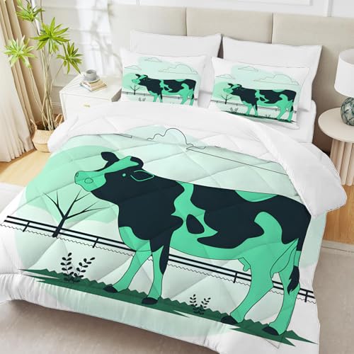 PNHCL Buey Edredon Estampado 4 Estaciones, Animal Edredón Relleno Nórdico Cama 80/90, Granja Edredones Reversible 155x220 cm para Infantil Decoracion Dormitorio, Verde