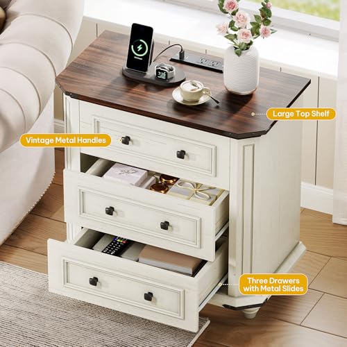 DWVO Nightstand Set of 2 with Charging Station, Farmhouse Bedside Table with 3 Drawers, Wood Night Stand w/Storage, Rustic Bed Side End Table for Bedroom Dorm Small Space, White