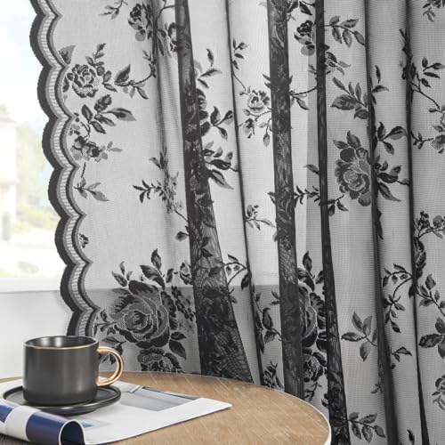 SEEKRIGHT Black Lace Curtains - 72 Inch Length, 2 Panels Sheer Floral Curtains for Living Room, Bedroom, Kitchen - Rod Pocket, Light Filtering, Victorian, Goth, Shabby Chic Decor, 52x72