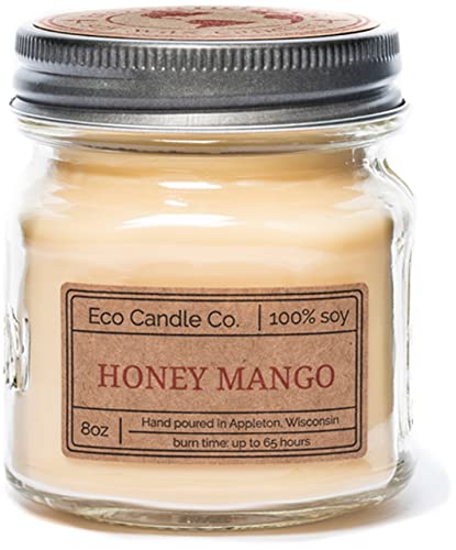 Eco Candle Co. Mason Jar Candle, Honey Mango, 8 Oz. - Scents Of Mango, Honey, & Papaya - 100% Soy Wax, No Lead, Kraft Label & Antiqued Pewter Lid, Hand Poured, Made From Midwest Grown Soybeans #TOP30