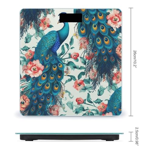 Báscula digital con diseño flores pavo real y vidrio templado miniatura 2