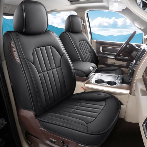Image of Truckiipa Dodge Ram 2 Front Leather Seat Covers Custom Fit for 2002-2026 1500 2500 3500 Pickup Crew Double Quad Cab Laramie Big Horn Full Coverage Waterproof Truck Seat Cover, Black