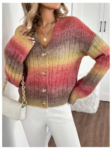 Image of MakeMeChic Women's Colorful Chunky Cropped Cardigans Button Down Long Sleeve Drop Shoulder Rainbow Sweater Rose Red Large