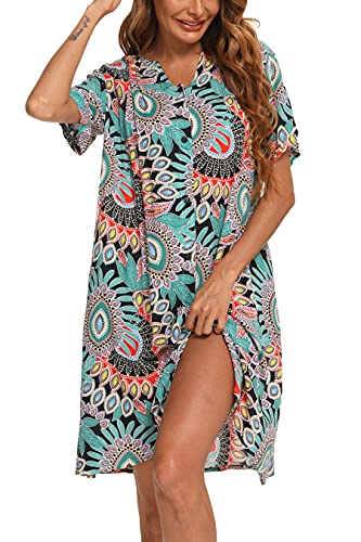 YOZLY House Dress Women Cotton Duster Robe Short Sleeve Housecoat Button Down Nightgown Flower C XX-Large