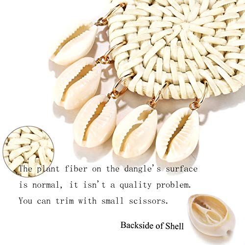 Rattan Shell Earrings Boho Handmade Tassel Woven Straw Wicker Drop Earring Shell Dangle Earrings For Women Girls (White) #TOP5