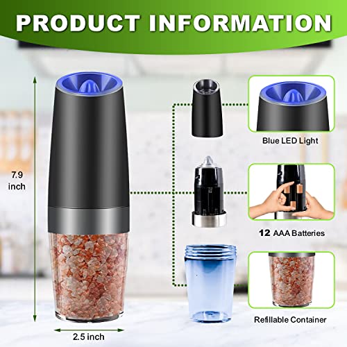 (2 Pack) Gravity Electric Salt And Pepper Grinder Set Automatic Salt And Pepper Grinder Set Batteries Included, Adjustable With Blue Led Light, Stainless Steel Stand, Wooden Spoon And Cleaning Brush #TOP5
