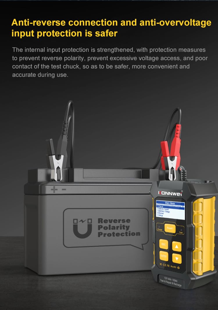 KONNWEI KW510 12V Autobatterietester 100-2000 CCA,mit Ladung & Reparaturfunktion – Kompakter 3-in-1 Diagnosegerät für Autos, Motorräder, Boote,8 Sprache, Reverse Polschutz