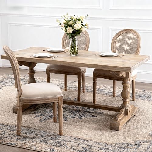 GDFStudio French Dining Chairs Set of 2, Beige Linen Upholstered Oval Rattan Back Seating with Fluted Legs, Wood Frame, Antique Painted Finish, Modern Farmhouse Accent for Kitchen or Dining Room by GDFStudio - Image 4