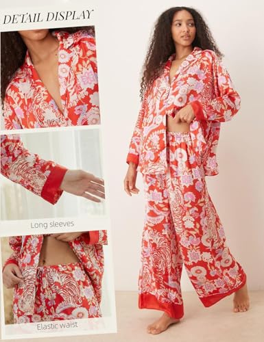 Image of Arssm Satin Pajama Set for Women Silk Pajamas Set 2 Piece Floral Pj Set Long Sleeve Button Down Pjs Sleepwear