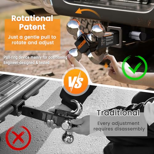 Image of ORCISH 360 Swivel Trailer Hitch, Tri-Ball Mount with Heavy Duty Hook & Anti-Theft Lock, Chrome-Plated Trailer Ball Size 1-7 /8 inch, 2 inch and 2-5 /16 inch, Fit 2 Inch Hitch Receiver, Rotating Tow Hitch