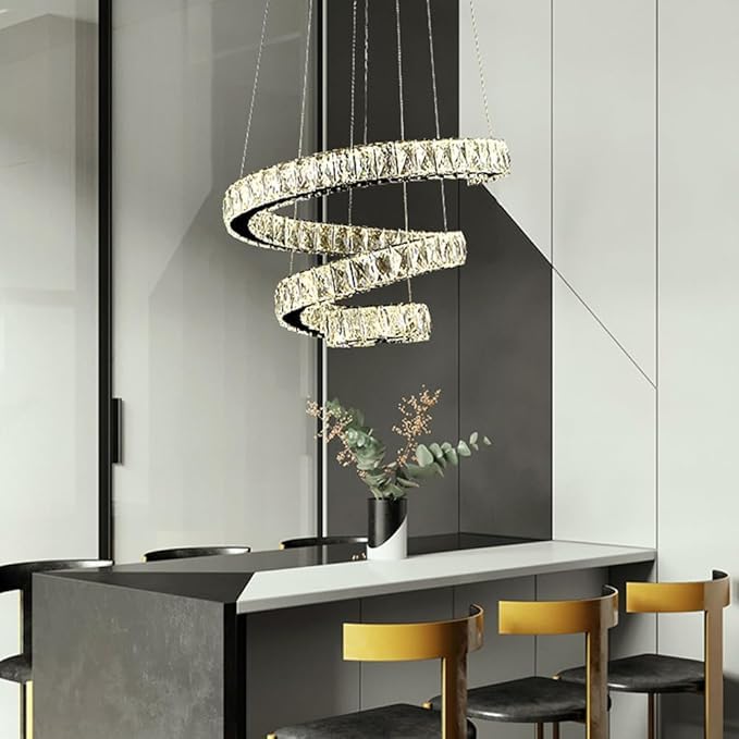 Grande lampadario di cristallo per soffitti alti, moderno, rotondo, a spirale, grande, a LED, lampadario lungo regolabile per ingresso, scala, soggiorno, sala da pranzo, cucina, isola, cam