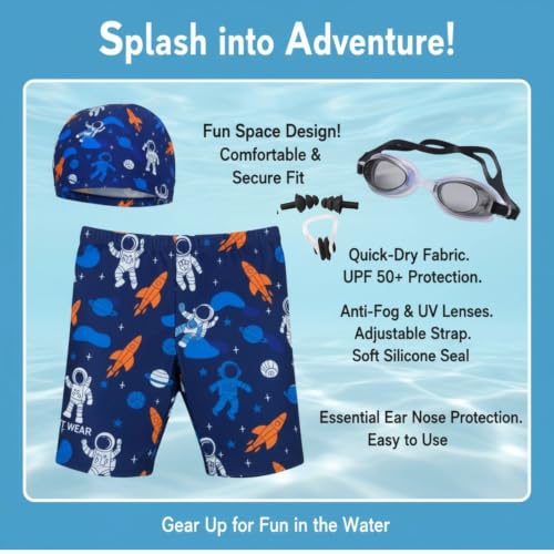 Image of Kids 6-in-1 Water Activity Kit with Trunks, Silicone Cap, Anti-Fog Goggles, Swim Tube, Nose Clip & Earplugs -Swim Set for Boys Pool, Beach