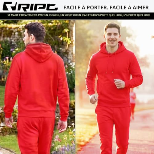 RIPT Sweat à Capuche Homme Fleece – Hoodie Pullover avec Poches et Cordon, Sweatshirt Manches Longues Confortable pour Sport Gym et Loungewear (Rouge, M) – vue 2