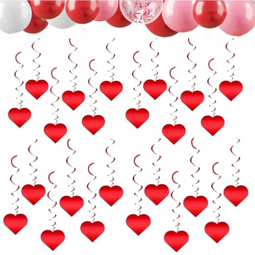 Heart-Shaped Hanging Streamers 24-Pack - Red Foil Ceiling Decor for Valentines Day Wedding & Party Create Romantic Swirls & Heart Decorations