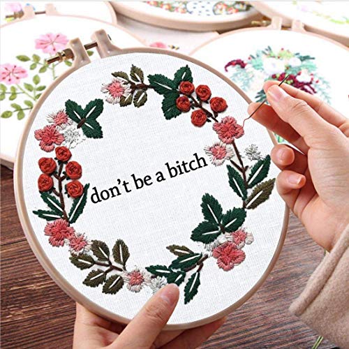 Image of Louise Maelys Cross Stitch Kit Full Range DIY Floral Wreath with Funny Sayimg Embroidery Kit for Beginner | Stamped Wreath Pattern With Hoop, Threads, Needles And Instructions, DIY Craft Project And Handmade Decor