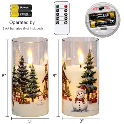Image of KunSween Christmas Candles with Remote Timer, Set of 2 LED Glass Flameless Candles Battery Operated with Cedar, Snowman, Reindeer, Snowy House Decals for Holiday Winter Party Home Decor(D6 inch x H3 inch)