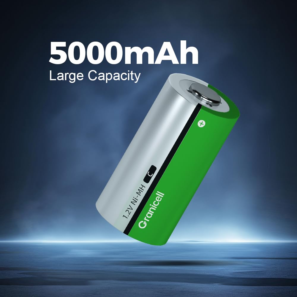Granicell 4 Pack 5000mAh Rechargeable C Batteries, 1300 Cycles NiMH C Cell Batteries, Solar Pre-Charged, Low Self-Discharge, Safe for Boombox, Toys, Flashlights