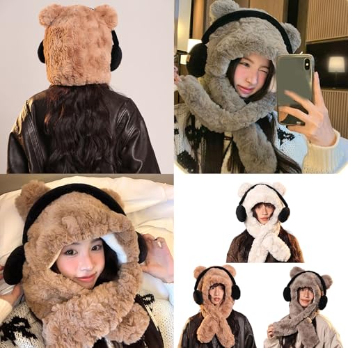 Bear Plush Hat,Bear Plush Winter Hat Women Warm Winter Hat Integrated with Scarf and Gloves for Outdoor Warmth2