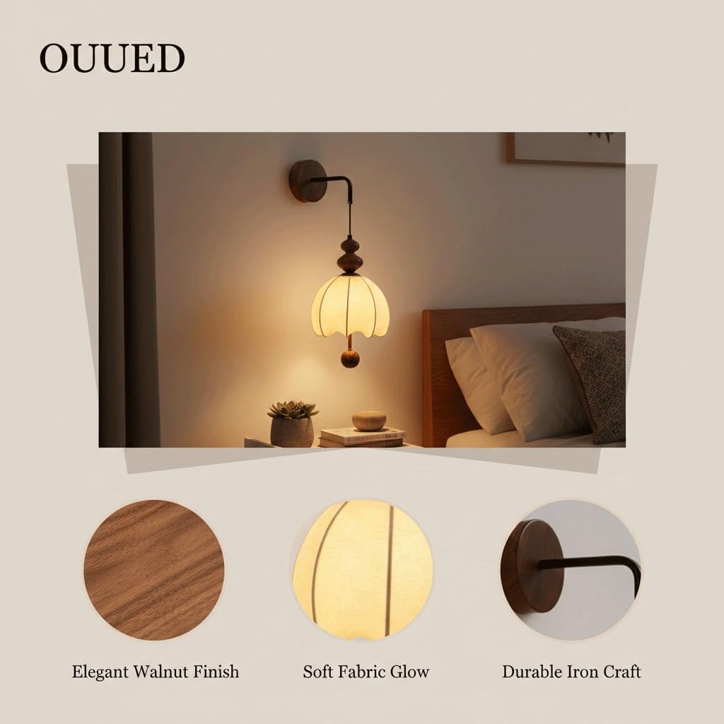 Applique da Parete per Interni, Camera da Letto, corridoio, Tessuto, Lampada in Legno Color Noce, Metallo retrò con Paralume in Tessuto Bianco Crema, Lampada da Comodino per soggio